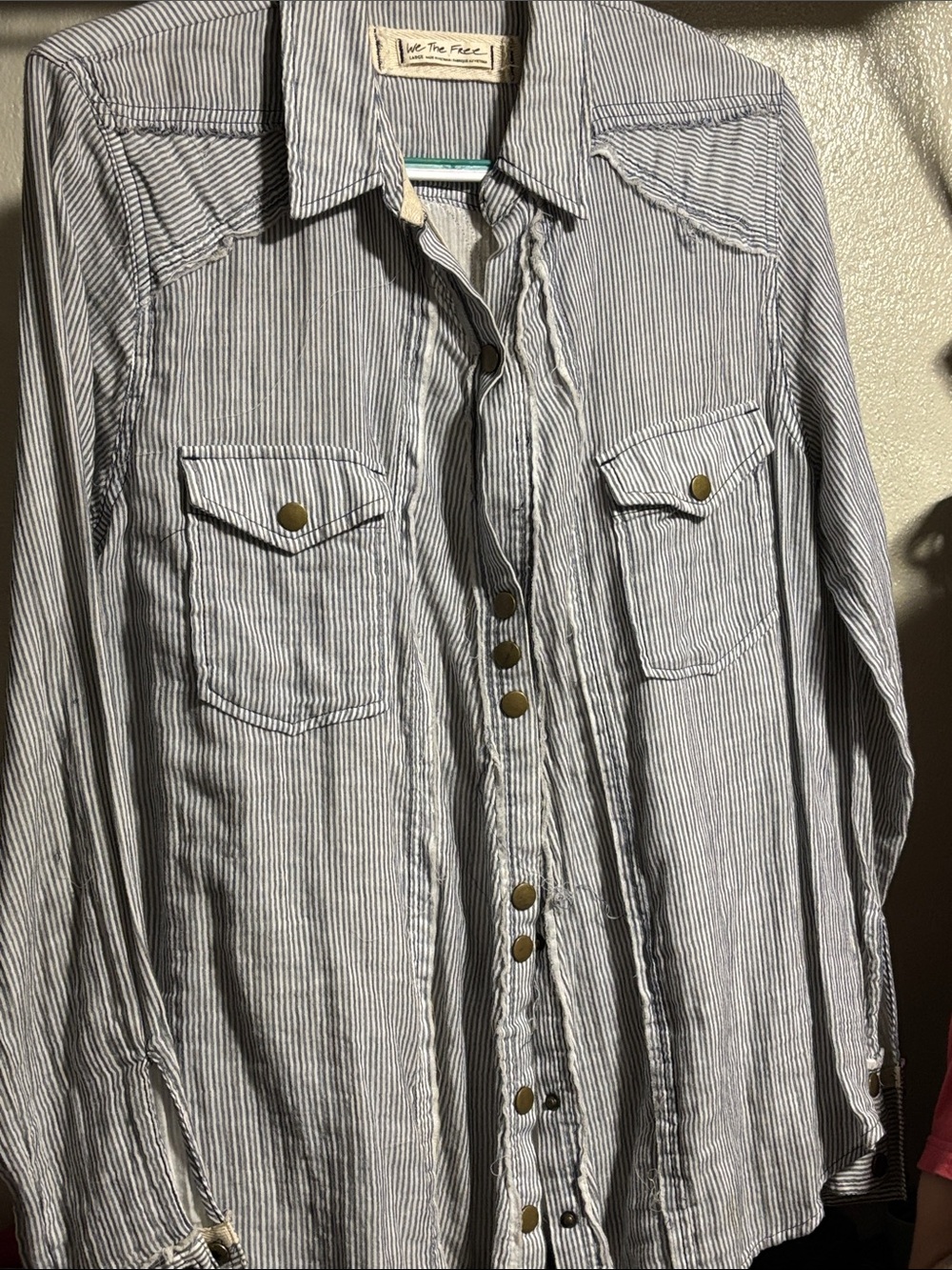 Free People We The Free Railroad Stripe Raw Seam Button Down Shirt L